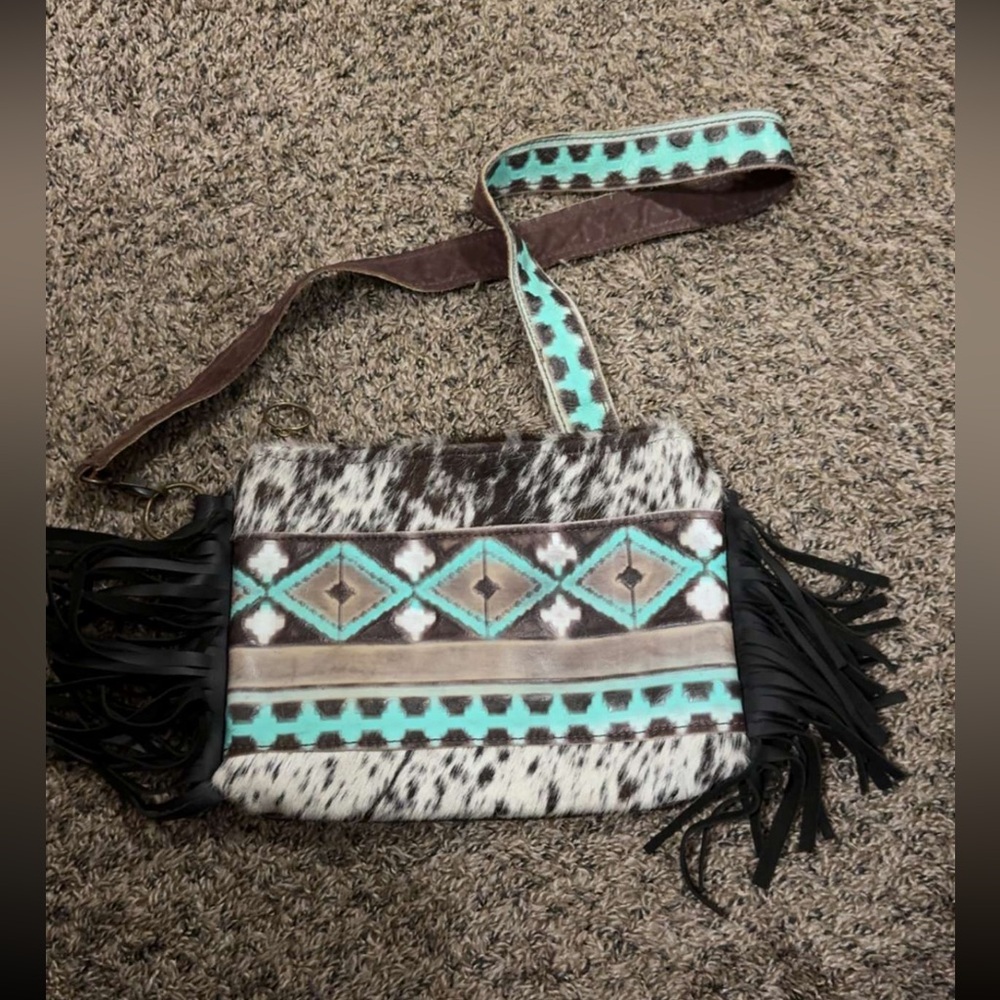 Western Stylish Brown and Turquoise Fringe Bag with cowhide